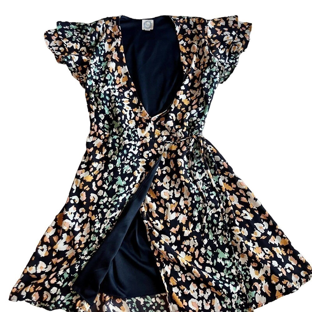 Blue Rain Women’s Wrap Dress Size Medium Midi Flutter Sleeves Floral Blue Boho